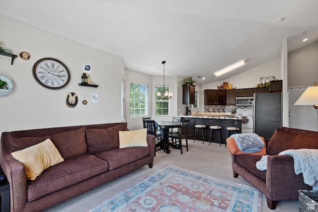 141 W Suncrest Ln, Saratoga Springs, UT 84045 - living room with light colored carpet, vaulted ceiling, and a chandelier