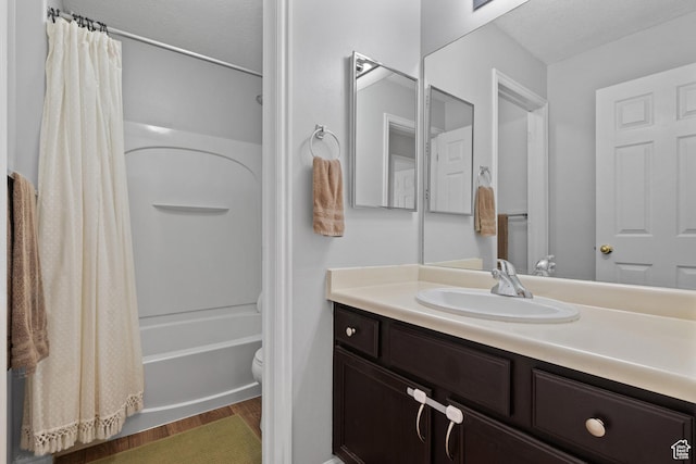 141 W Suncrest Ln, Saratoga Springs, UT 84045 - bathroom with vanity, shower / tub combo with curtain, and wood finished floors