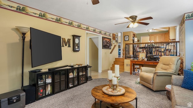 7488 S Blackfriar Cir, West Jordan, UT 84084 - living area with ceiling fan, stairway, light carpet, and light tile patterned floors