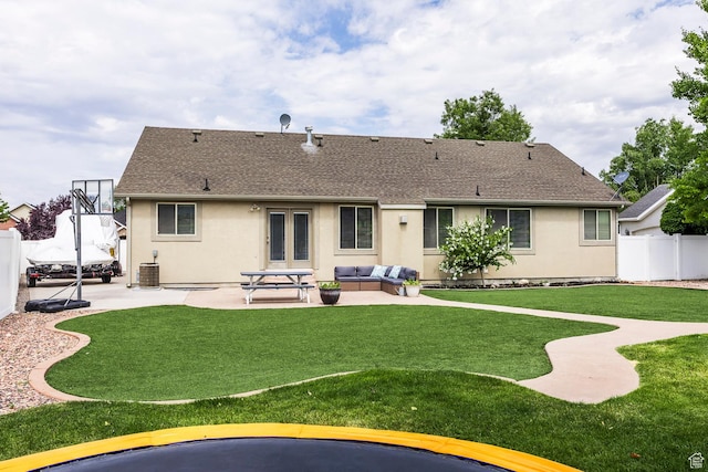 9768 N 5520 W, Highland, UT 84003 - back of house featuring a patio area, stucco siding, an outdoor living space, and roof with shingles