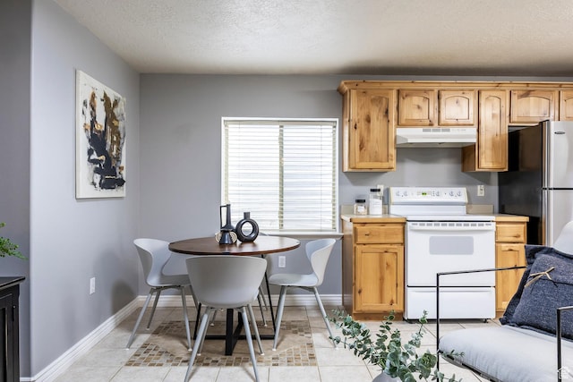 9768 N 5520 W, Highland, UT 84003 - kitchen with white range with electric stovetop, under cabinet range hood, freestanding refrigerator, a textured ceiling, and light countertops