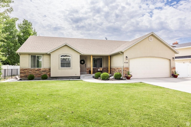 9768 N 5520 W, Highland, UT 84003 - single story home featuring stone siding, stucco siding, a garage, and concrete driveway