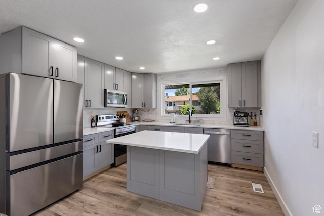 9499 S 220 E, Sandy, UT 84070 - kitchen featuring appliances with stainless steel finishes, gray cabinetry, decorative backsplash, recessed lighting, and a textured ceiling