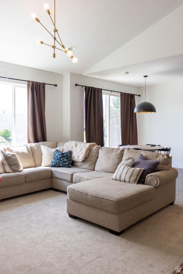 4373 N Foxtrail Dr, Lehi, UT 84043 - carpeted living area featuring lofted ceiling and a chandelier