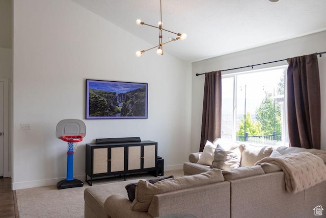 4373 N Foxtrail Dr, Lehi, UT 84043 - living area featuring vaulted ceiling, carpet floors, and a chandelier