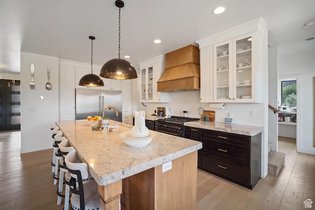 3317 S Watchman Trl, Moab, UT 84532 - kitchen featuring high quality appliances, custom exhaust hood, light wood-type flooring, light stone countertops, and recessed lighting