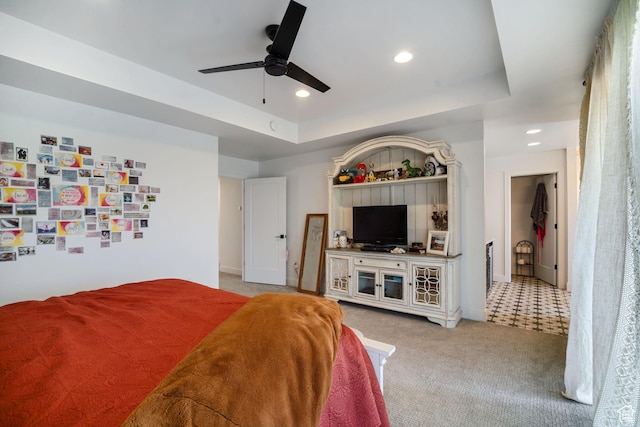 3317 S Watchman Trl, Moab, UT 84532 - bedroom featuring carpet flooring, recessed lighting, a tray ceiling, and a ceiling fan