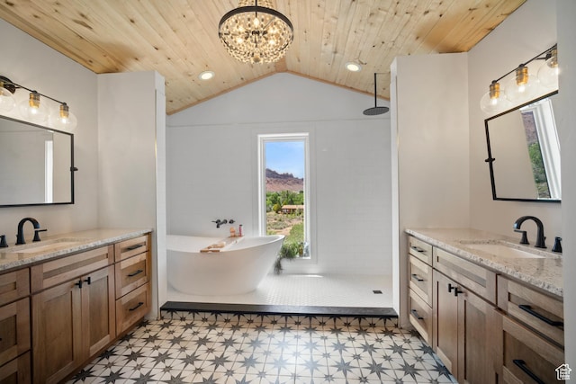 3317 S Watchman Trl, Moab, UT 84532 - full bath with tile patterned floors, wood ceiling, a tile shower, a freestanding tub, and lofted ceiling