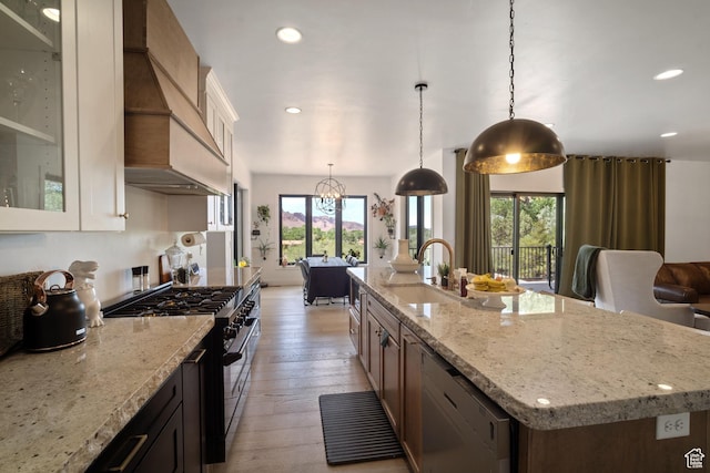 3317 S Watchman Trl, Moab, UT 84532 - kitchen featuring stainless steel range, premium range hood, dishwashing machine, light wood-style flooring, and recessed lighting