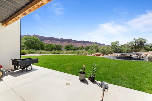 3317 S Watchman Trl, Moab, UT 84532 - view of grassy yard with a mountain view and a patio area