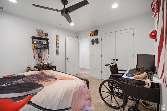 3317 S Watchman Trl, Moab, UT 84532 - bedroom featuring light colored carpet, recessed lighting, a desk, a closet, and a ceiling fan