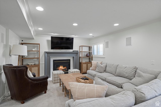 5040 S 1450 E, Ogden, UT 84403 - living room with ornamental molding, light colored carpet, recessed lighting, and a glass covered fireplace