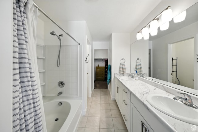 15104 S Halter Way, Bluffdale, UT 84065 - bathroom featuring tile patterned flooring, double vanity, and shower / tub combo with curtain