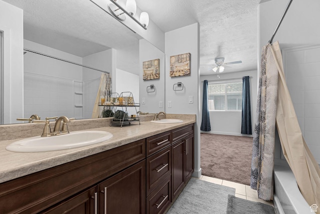 15218 S Tack Way, Bluffdale, UT 84065 - bathroom featuring double vanity, a textured ceiling, a ceiling fan, tile patterned flooring, and shower / bath combo with shower curtain