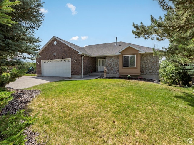 4829 E Patio Springs Cir N, Eden, UT 84310 - ranch-style home featuring an attached garage, concrete driveway, a front lawn, stone siding, and roof with shingles