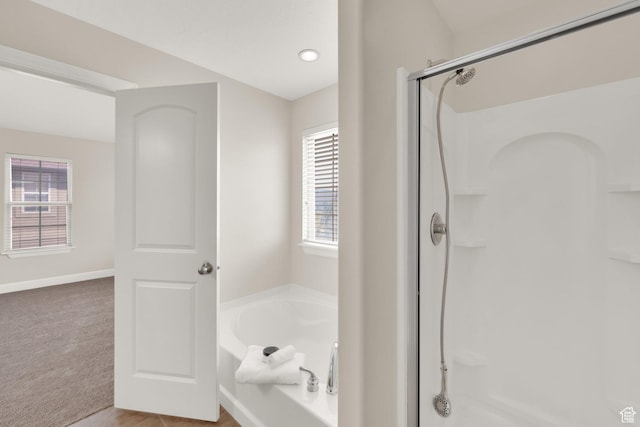 602 E Wyngate Pointe Ln S, Draper, UT 84020 - bathroom featuring a stall shower, a garden tub, and recessed lighting