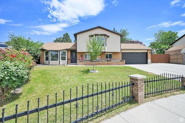 6337 S Coybrook Dr, Taylorsville, UT 84129 - split level home featuring brick siding, a fenced front yard, driveway, and a garage