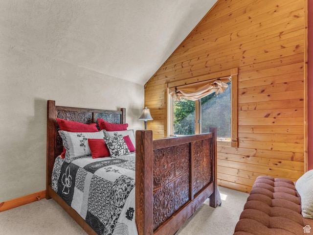 8998 Timphaven Rd, Sundance, UT 84604 - carpeted bedroom featuring vaulted ceiling and wooden walls