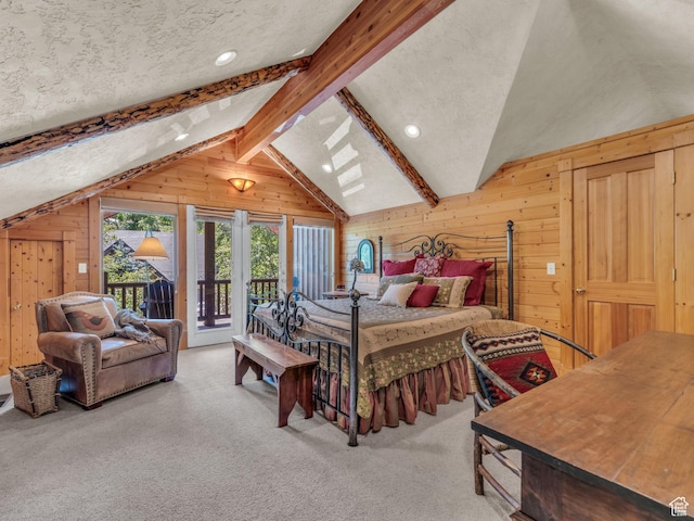 8998 Timphaven Rd, Sundance, UT 84604 - carpeted bedroom featuring wooden walls, access to exterior, and recessed lighting