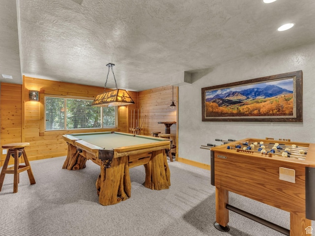 8998 Timphaven Rd, Sundance, UT 84604 - recreation room with wood walls, carpet flooring, billiards table, a textured ceiling, and recessed lighting