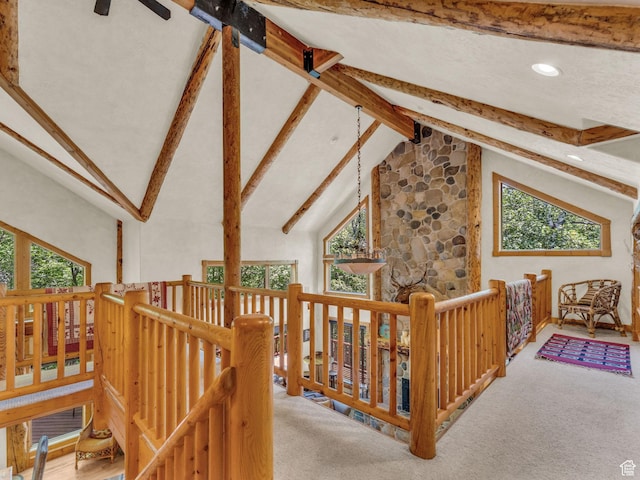 8998 Timphaven Rd, Sundance, UT 84604 - corridor featuring beam ceiling, an upstairs landing, carpet flooring, high vaulted ceiling, and recessed lighting