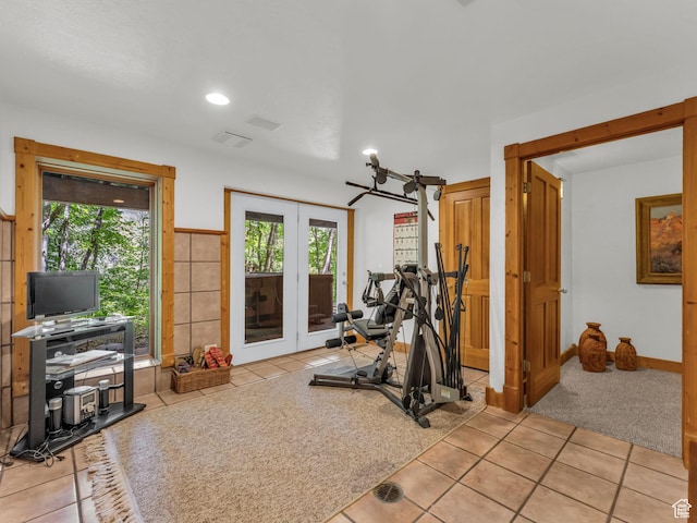 8998 Timphaven Rd, Sundance, UT 84604 - exercise room featuring light tile patterned floors, recessed lighting, and light carpet