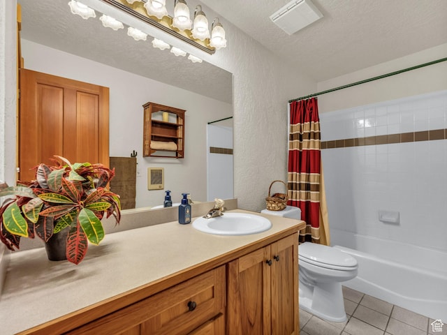 8998 Timphaven Rd, Sundance, UT 84604 - full bathroom featuring vanity, a textured wall, tile patterned flooring, shower / bath combo with shower curtain, and a textured ceiling