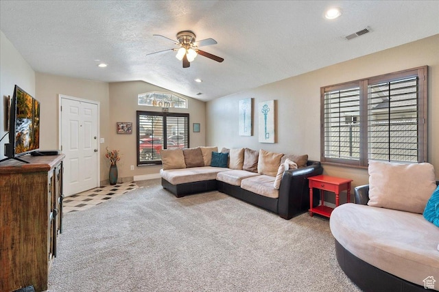3042 S Festival Dr W, West Valley City, UT 84120 - living room featuring a ceiling fan, carpet, vaulted ceiling, recessed lighting, and a textured ceiling