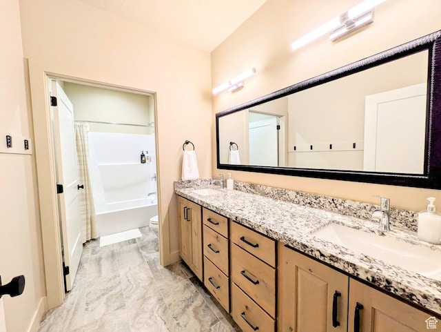 251 N Summit Dr, Beaver, UT 84713 - bathroom featuring double vanity, shower / tub combo with curtain, and marble finish flooring