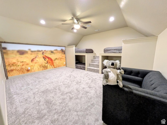 251 N Summit Dr, Beaver, UT 84713 - home theater featuring vaulted ceiling, carpet floors, ceiling fan, and recessed lighting