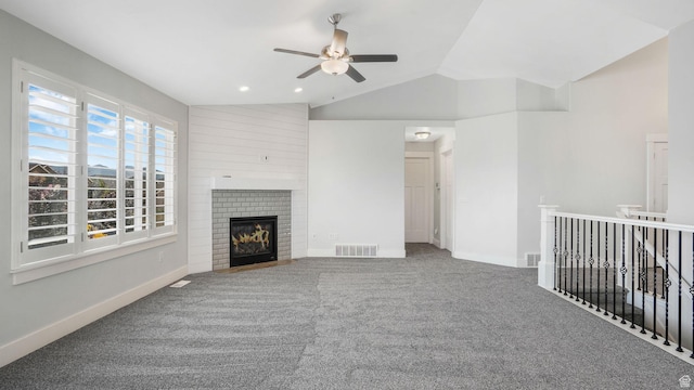 536 E Fiona Cir, Grantsville, UT 84029 - unfurnished living room with a ceiling fan, lofted ceiling, carpet flooring, and a fireplace