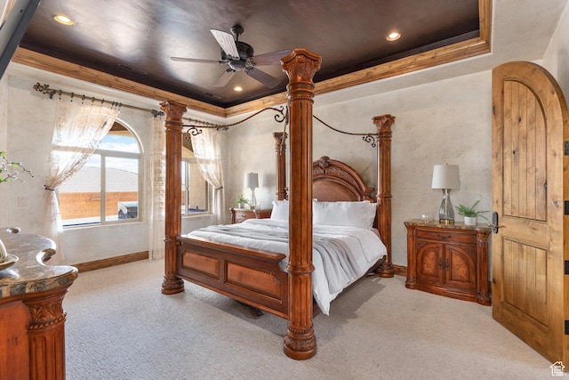480 W Tonapah Way, Ivins, UT 84738 - bedroom featuring carpet, a tray ceiling, ornamental molding, and ceiling fan