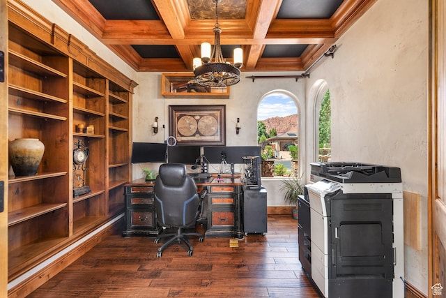 480 W Tonapah Way, Ivins, UT 84738 - home office with a chandelier, dark wood-style flooring, beamed ceiling, crown molding, and coffered ceiling