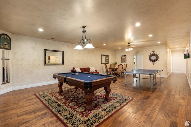 480 W Tonapah Way, Ivins, UT 84738 - playroom with recessed lighting, billiards table, wood finished floors, a ceiling fan, and arched walkways