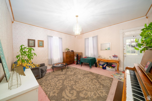 742 N 300 E, Logan, UT 84321 - carpeted living room featuring a chandelier and crown molding
