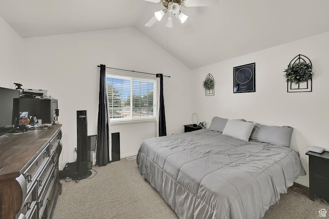 2221 W Davenshire Ln, Taylorsville, UT 84129 - bedroom featuring light carpet, lofted ceiling, and ceiling fan