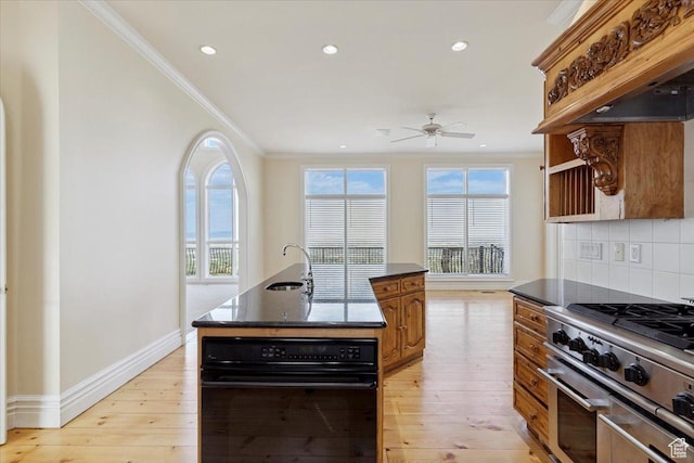 3356 Twin Peaks Cir, Layton, UT 84040 - kitchen featuring ornamental molding, open shelves, stainless steel range, ceiling fan, and recessed lighting