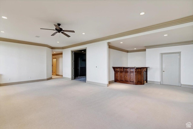 3356 Twin Peaks Cir, Layton, UT 84040 - unfurnished living room with light colored carpet, recessed lighting, crown molding, a dry bar, and a ceiling fan
