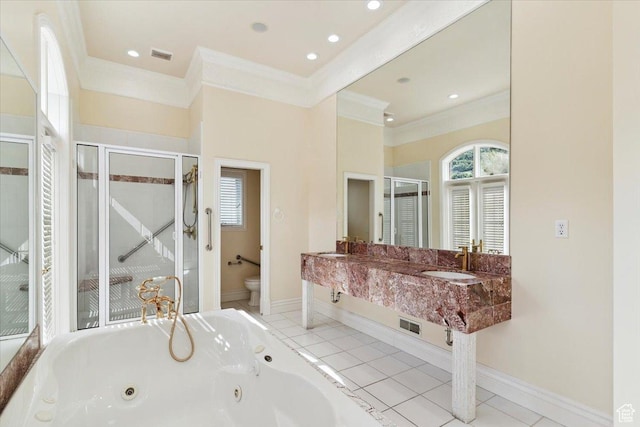 3356 Twin Peaks Cir, Layton, UT 84040 - full bath with a stall shower, crown molding, a jetted tub, tile patterned floors, and double vanity