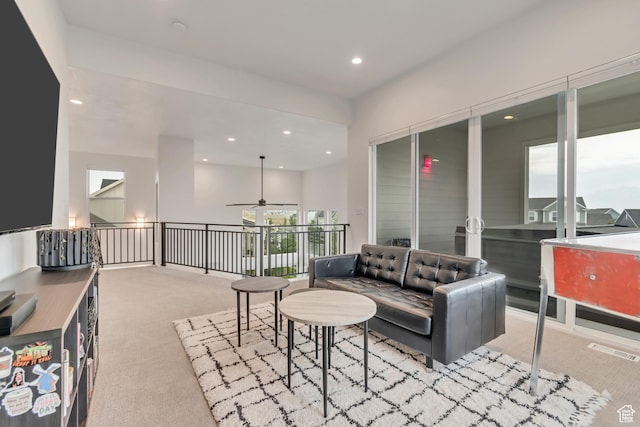 11536 S Allerton Dr, South Jordan, UT 84009 - living room featuring carpet, ceiling fan, and recessed lighting