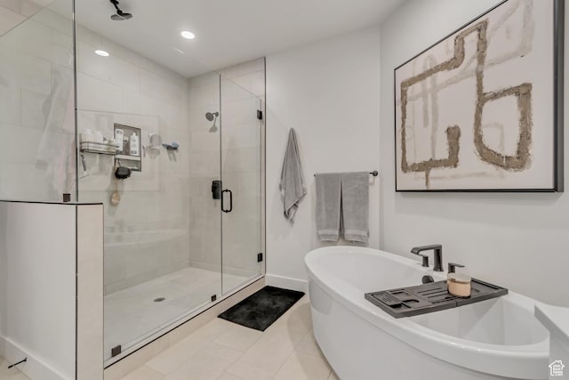 11536 S Allerton Dr, South Jordan, UT 84009 - bathroom with a stall shower, a freestanding bath, tile patterned floors, and recessed lighting