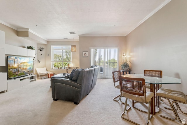 838 E S Temple S Unit 409, Salt Lake City, UT 84102 - living room with light colored carpet, crown molding, and a textured ceiling