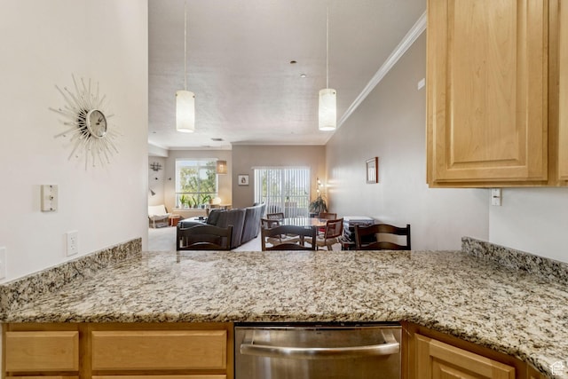 838 E S Temple S Unit 409, Salt Lake City, UT 84102 - kitchen with dishwasher, ornamental molding, light stone counters, light brown cabinets, and open floor plan