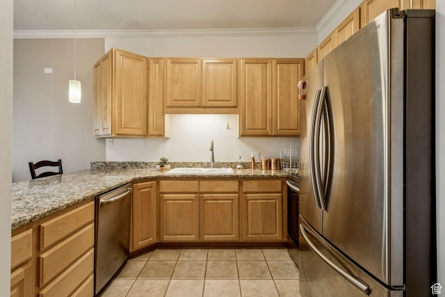 838 E S Temple S Unit 409, Salt Lake City, UT 84102 - kitchen with appliances with stainless steel finishes, light tile patterned floors, ornamental molding, light stone countertops, and pendant lighting