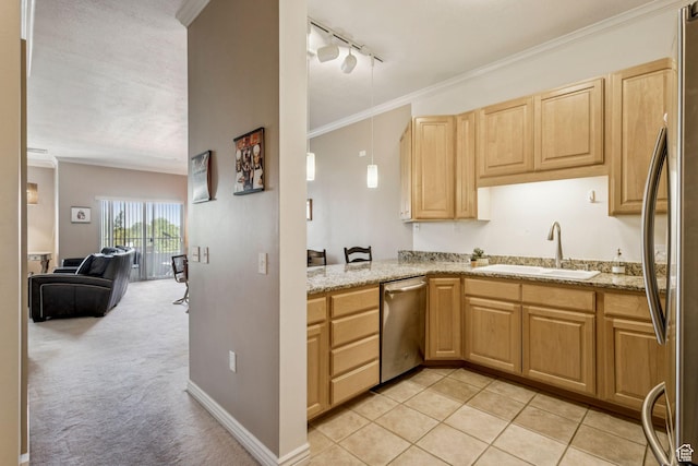 838 E S Temple S Unit 409, Salt Lake City, UT 84102 - kitchen featuring stainless steel appliances, open floor plan, light brown cabinetry, rail lighting, and light stone counters