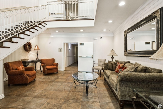 838 E S Temple S Unit 409, Salt Lake City, UT 84102 - living area featuring crown molding, recessed lighting, and stairs