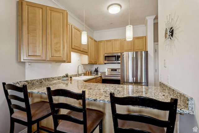 838 E S Temple S Unit 409, Salt Lake City, UT 84102 - kitchen with stainless steel appliances, a peninsula, light stone counters, decorative light fixtures, and crown molding