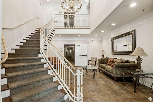 838 E S Temple S Unit 409, Salt Lake City, UT 84102 - staircase with crown molding, a high ceiling, a chandelier, and recessed lighting