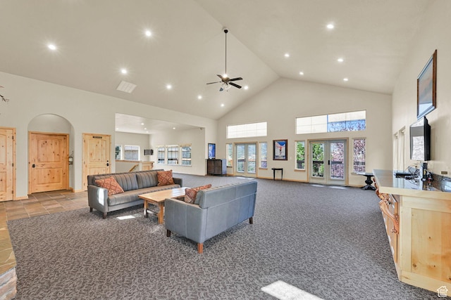 5060 E Lakeview Dr Unit 1109, Eden, UT 84310 - living area with high vaulted ceiling, ceiling fan, and recessed lighting