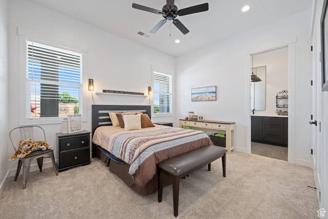 2616 S 3210 E, St George, UT 84790 - bedroom featuring light colored carpet, multiple windows, recessed lighting, connected bathroom, and a ceiling fan